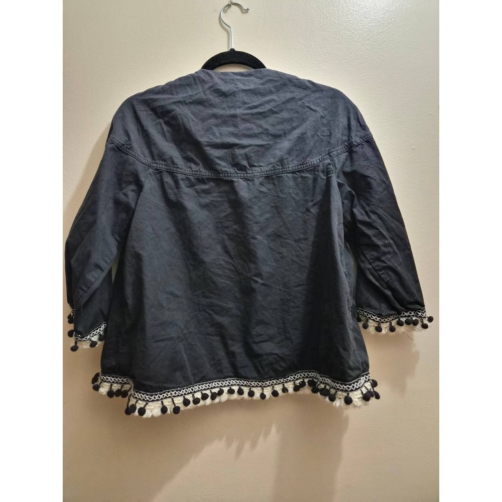 Zara Basic Navy Blue Pom Pom Fringe Jacket XS Boho Embroidered Cotton Coat - Picture 3 of 4